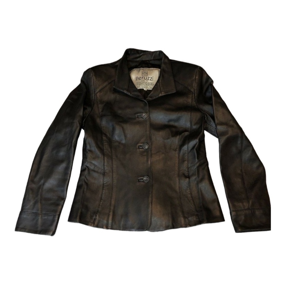 PERUZZI Vera Pelle Genuine Black Leather Blazer Jacket Size 42 Made in Italy